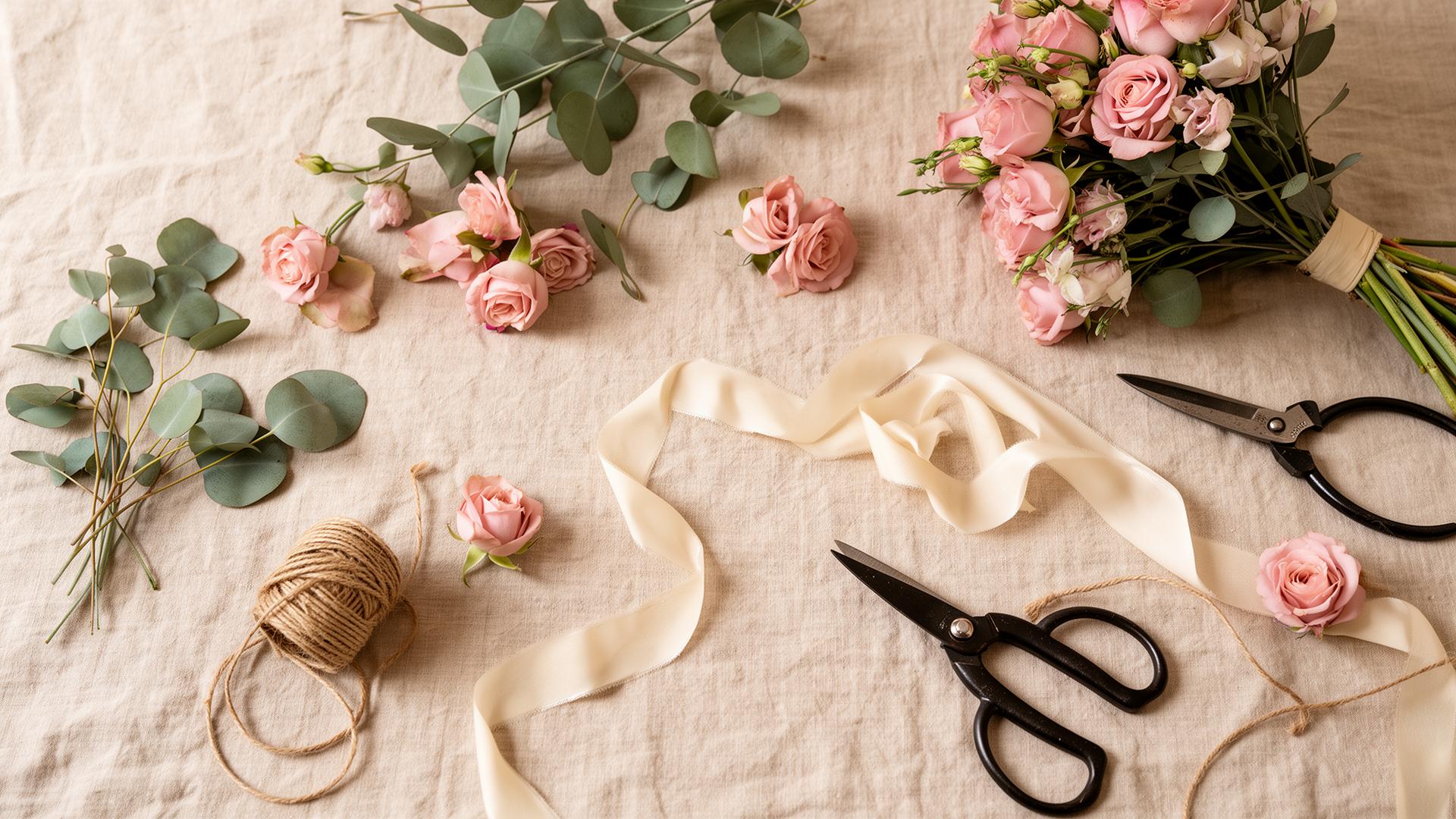 Workshop flat lay — eucalyptus, dusty roses, twine, ribbon and shears