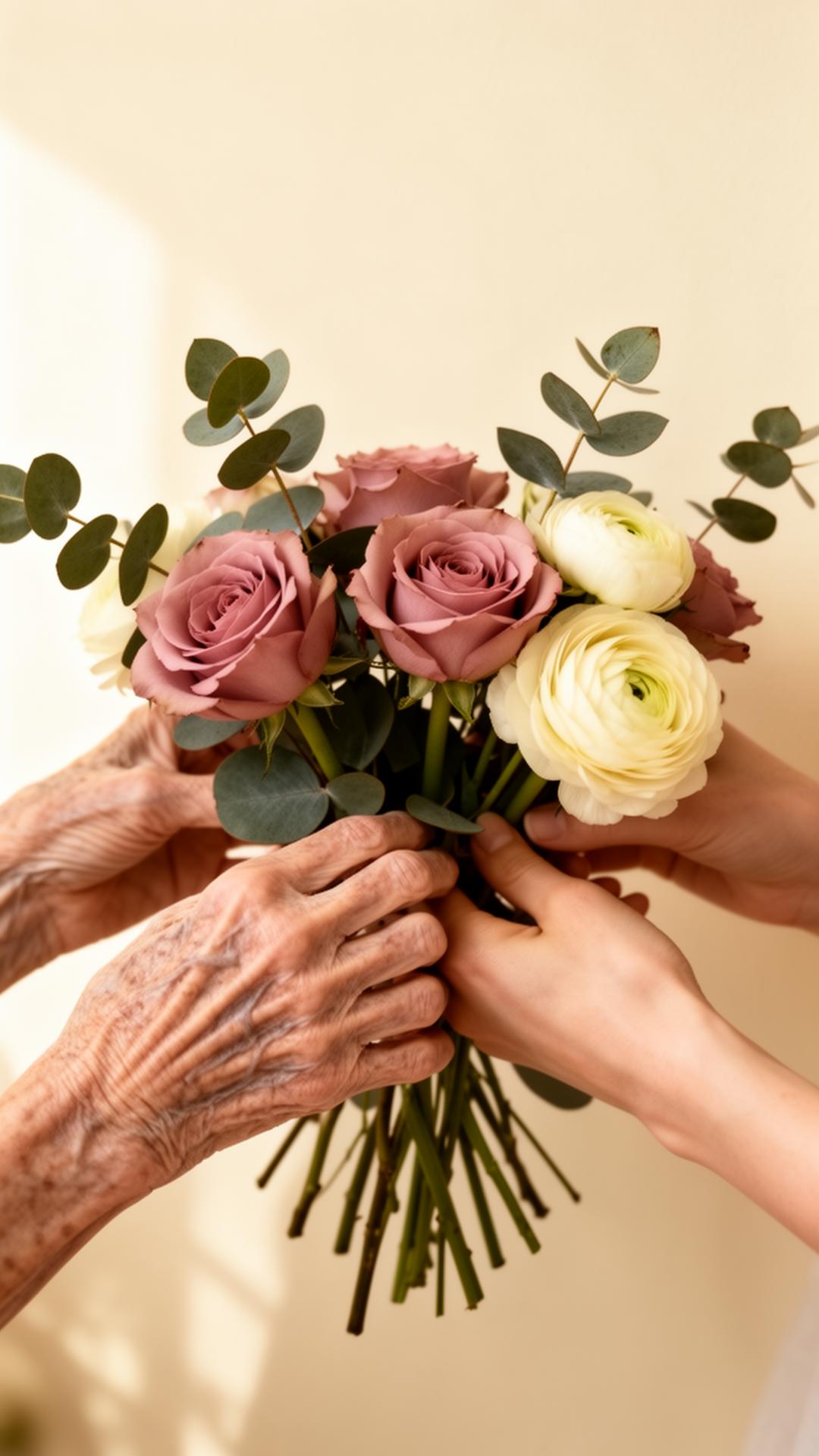 Wrinkled and younger hands together holding a bouquet