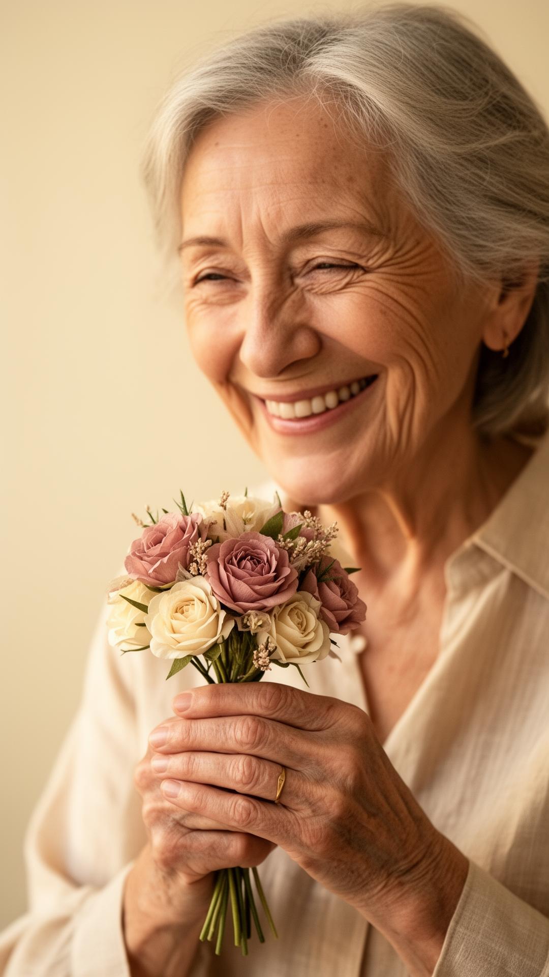 Resident smiling holding her arrangement