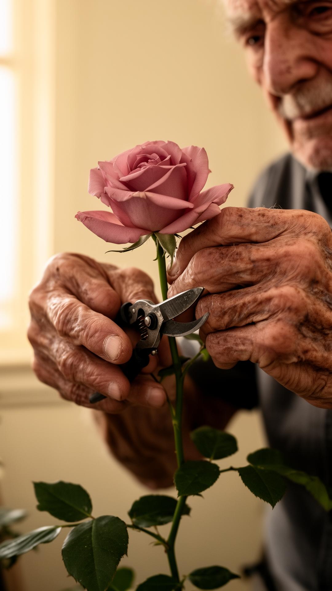 Elderly hands trimming a rose stem