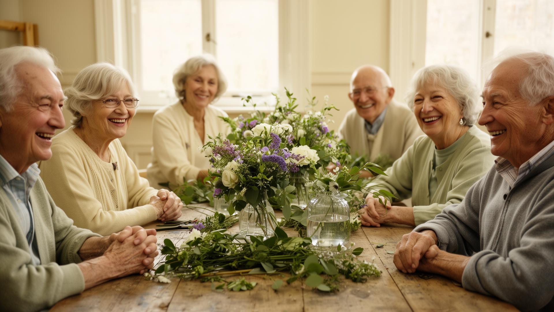 Senior residents laughing together at a workshop table